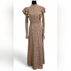 Joy Stevens Vintage 70s Tan Lace Overlay Maxi Dress Victorian Style Small